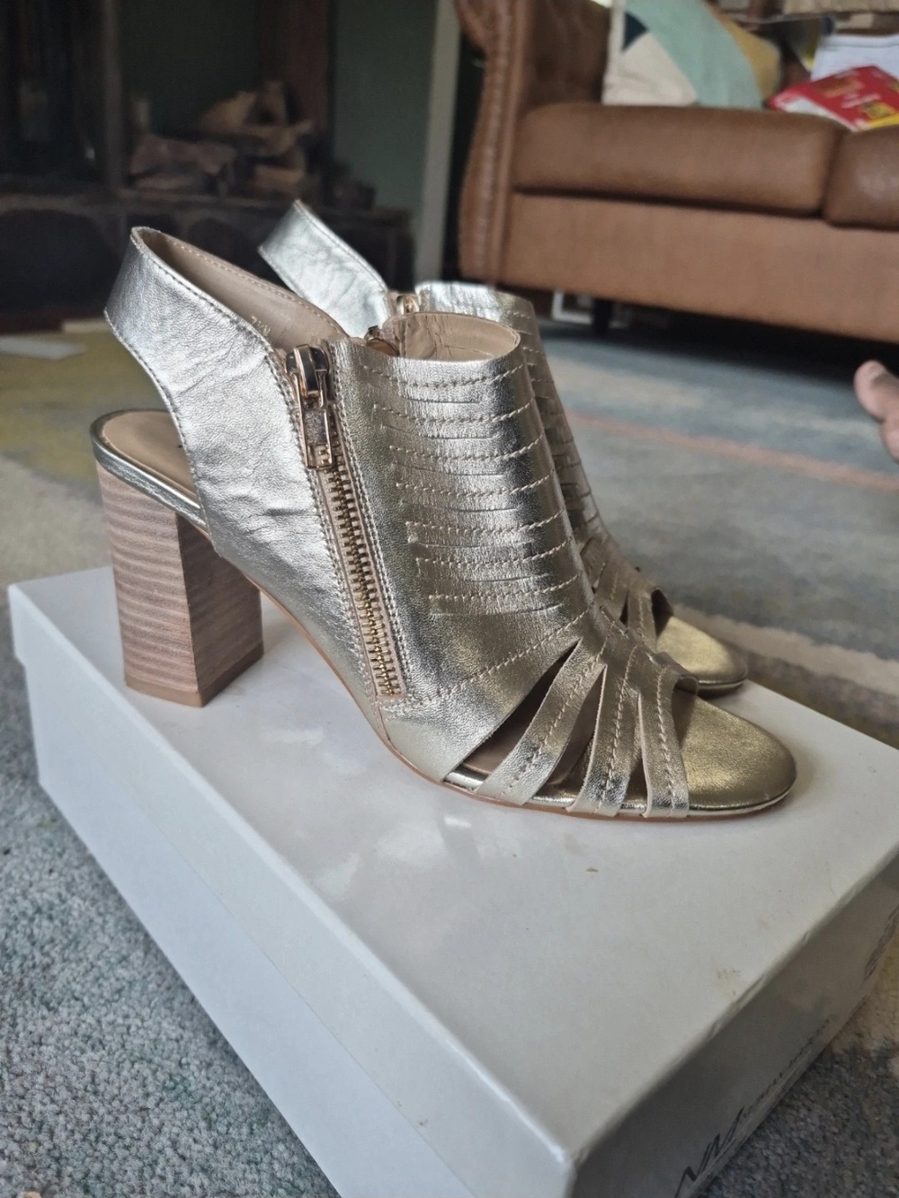 Neiman Marcus Gold Metallic Caged Block Heel Sandal Booties Box Size 7.5